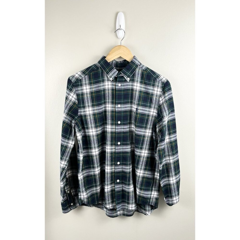 RALPH LAUREN Boys Flannel Button Up Tartan Plaid Green Black Sz 18-20/XL